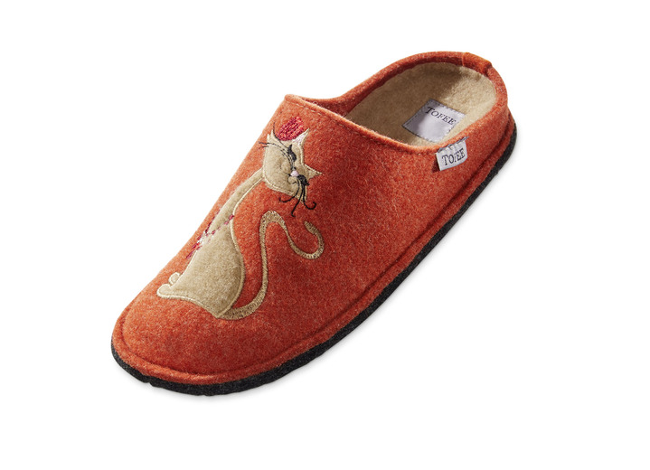 Schuhe - Hausschuh mit farblich abgestimmter Katzen-Applikation, in Größe 036 bis 042, in Farbe ORANGE Ansicht 1