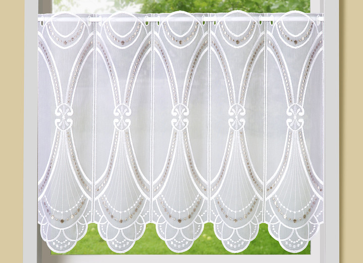 Kurzgardinen - Kurzvorhang Gatsby mit echter Stickerei, in Größe 790 (45x125 cm) bis 859 (60x155 cm), in Farbe WEISS-TAUPE