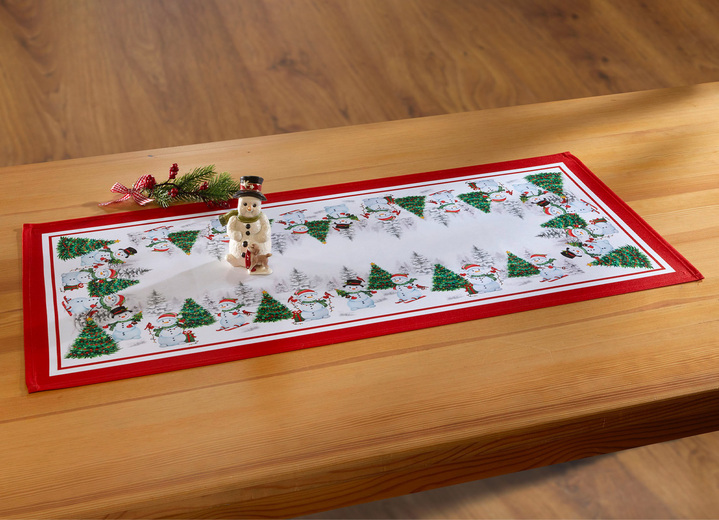 Heimtextilien - Tischdecke mit Schneemann-Druckmotiven, in Größe 102 (Läufer, 40x 90 cm) bis 190 (Tischdecke, 110x110 cm), in Farbe BUNT Ansicht 1