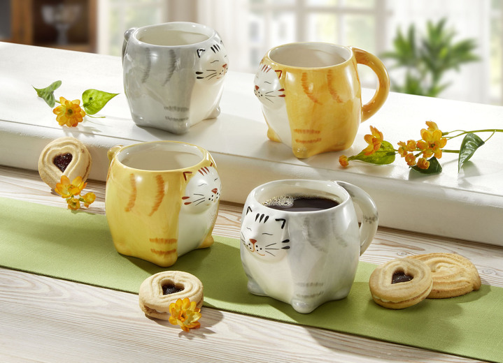 Geschenkideen - Katzen-Tasse, 2er-Set, aus hochwertiger Keramik, in Farbe ORANGE-WEISS