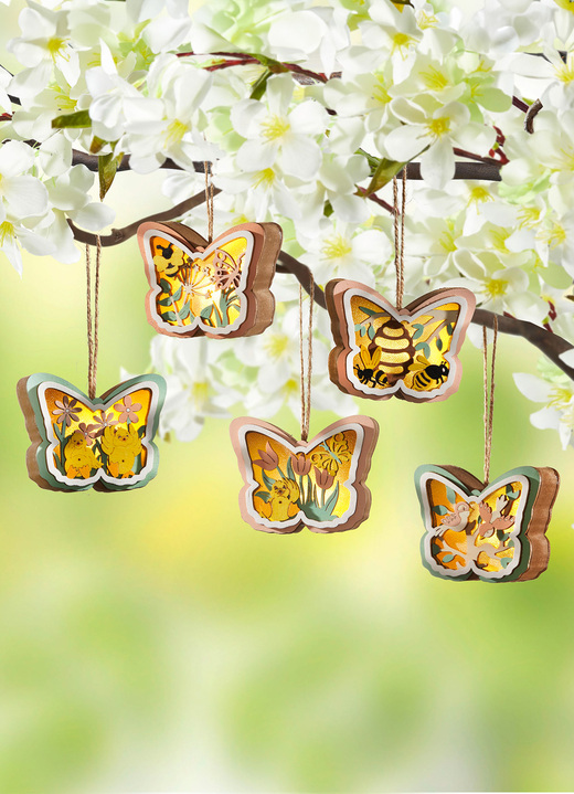 Ostern - Beleuchtete Holzhänger, 5er-Set, in Farbe NATUR-GRÜN