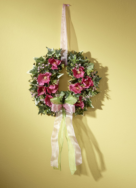 Geschenkideen - Wandkranz mit rosafarbenen Cosmea-Blüten, in Farbe GRÜN-ROSA