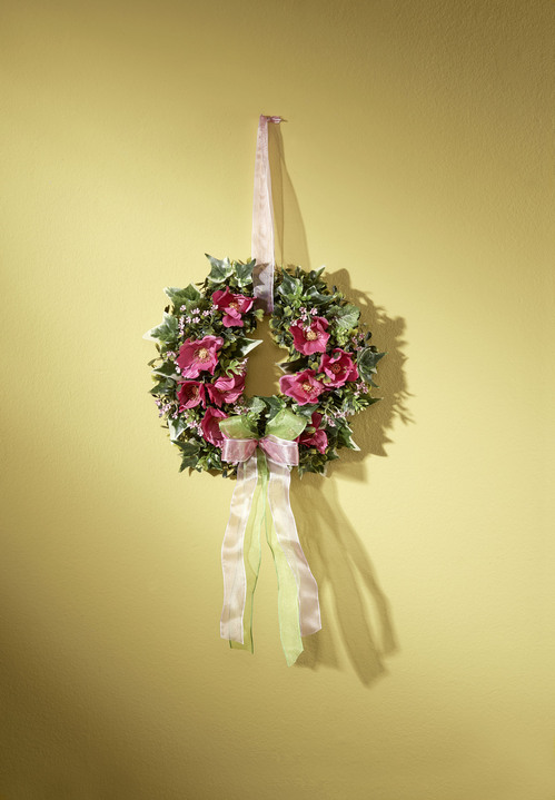 Geschenkideen - Wandkranz mit rosafarbenen Cosmea-Blüten, in Farbe GRÜN-ROSA