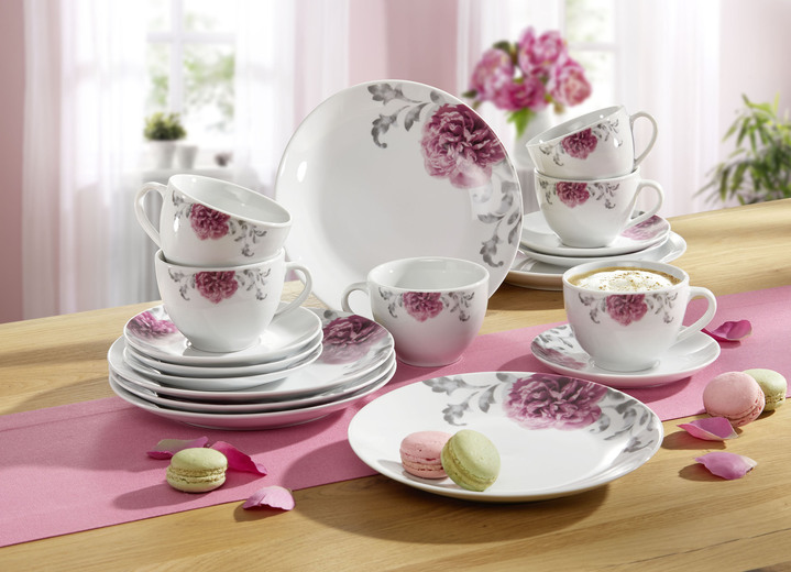 Geschirr - Kaffee-Service, 18-teilig «Como», in Farbe WEISS-ROSA-GRAU, in Ausführung Kaffee-Service 18-teilig Ansicht 1