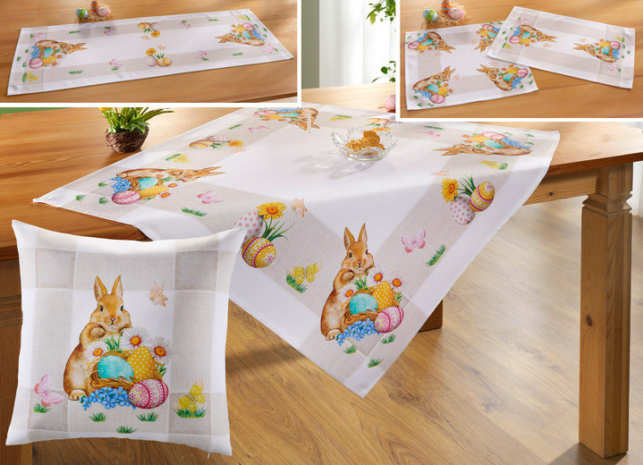 Dekokissen & Hüllen - Zauberhafte Tischdecke mit niedlichen Ostermotiven, in Größe 101 (Deckchen, 35x 50 cm) bis 404 (Kissenbezug, 40x 40 cm), in Farbe BUNT Ansicht 1