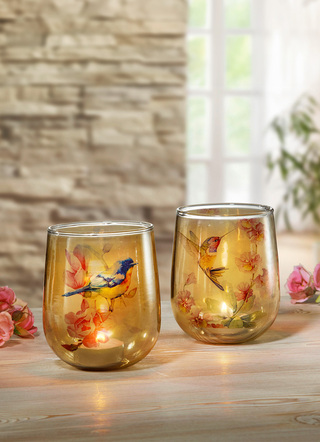 Glas-Windlicht mit Vögelchen-Szene, 2er-Set