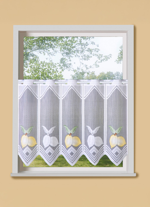 Kurzgardinen - Handcolorierter Kurzvorhang mit gezacktem Abschluss, in Größe 119 (H50x B90 cm) bis 123 (H50xB195 cm), in Farbe WEISS-GELB