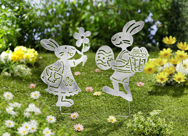Gartendekoration - Gartenstecker «Hasenpaar», 2er-Set, in Farbe SILBER