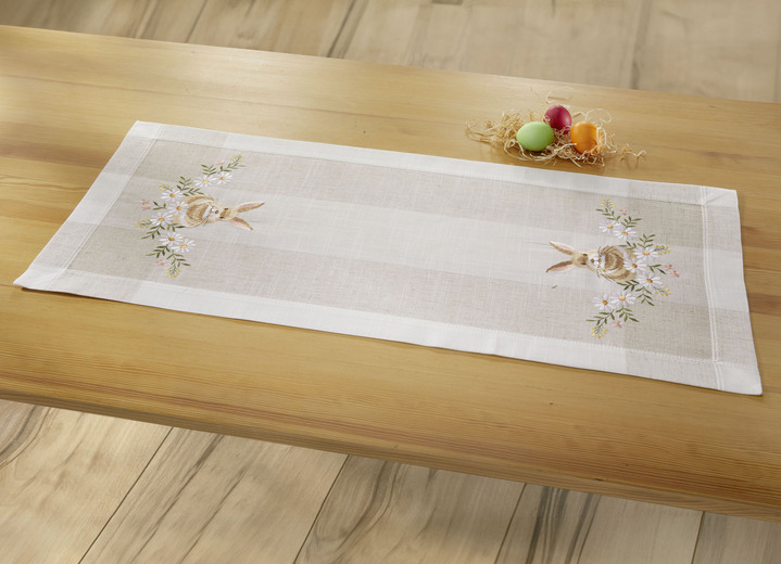 Heimtextilien - Bestickte Tisch- und Raumdekoration mit Osterhasen-Motiv, in Größe 102 (Läufer, 40x 85 cm) bis 404 (Kissenbezug, 40x 40 cm), in Farbe SEKT-BUNT Ansicht 1
