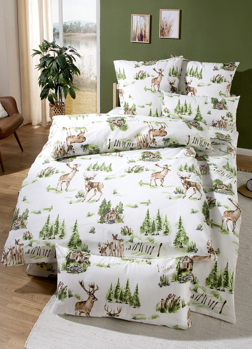 Bettwäschegarnituren - Beidseitig bedruckte Bettwäsche-Garnitur aus Polycotton, in Größe 111 (40x80 cm + 135x200 cm) bis 115 (80x80 cm + 155x220 cm), in Farbe MULTICOLOR