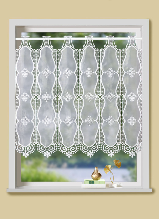 Kurzgardinen - Kleinfenster-Vorhang mit Macramé-Abschluss, in Größe 824 (H45xB100 cm) bis 899 (H90xB200 cm), in Farbe WEISS