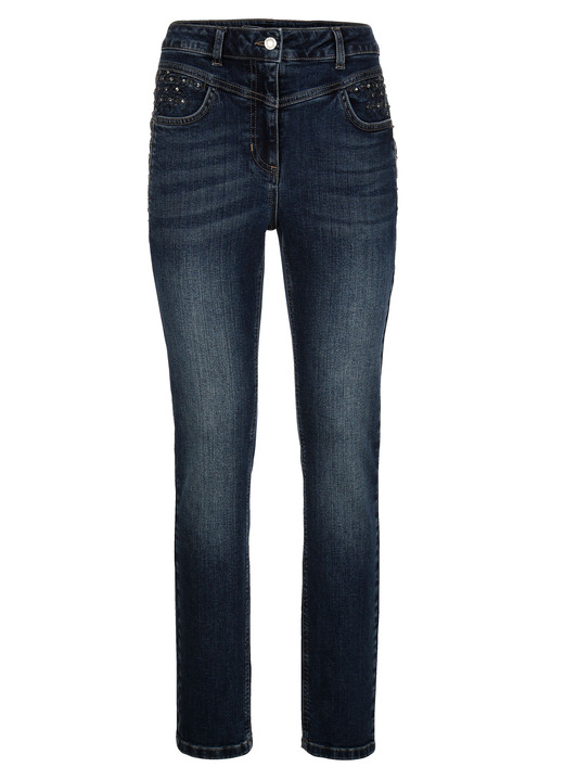 Hosen - Jeans mit Glitzersteinchen und Ziernähten, in Größe 020 bis 052, in Farbe BLAU Ansicht 1