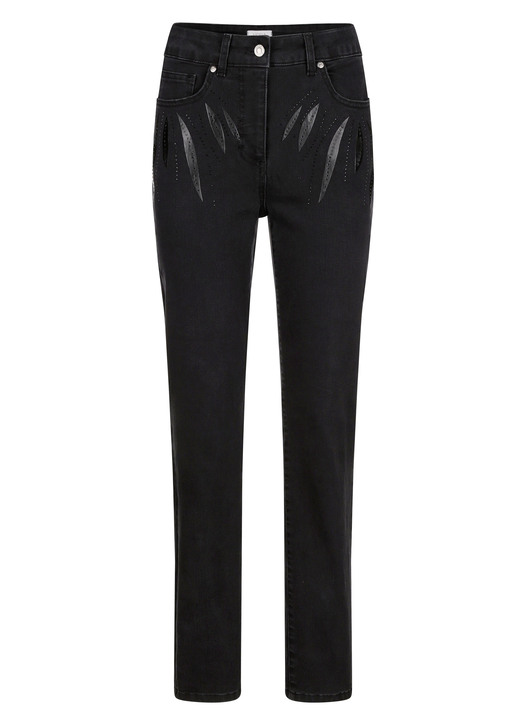 Hosen - Jeans mit tollen Applikationen und Glitzersteinchen, in Größe 019 bis 052, in Farbe SCHWARZ Ansicht 1