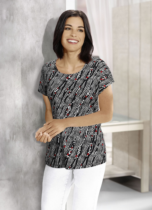 Kurzarm - Shirt mit überschnittenen Schulterpartie, in Größe 036 bis 052, in Farbe SCHWARZ-WEISS-ROT