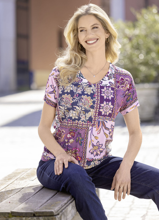 Kurzarm - Shirt mit Blumendruck, in Größe 036 bis 048, in Farbe ROSÉ-AUBERGINE-MARINE-BUNT Ansicht 1