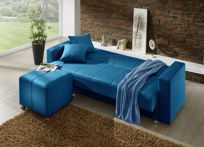 Klick-Klack-Sofa mit Hocker und Dekokissen BLAU