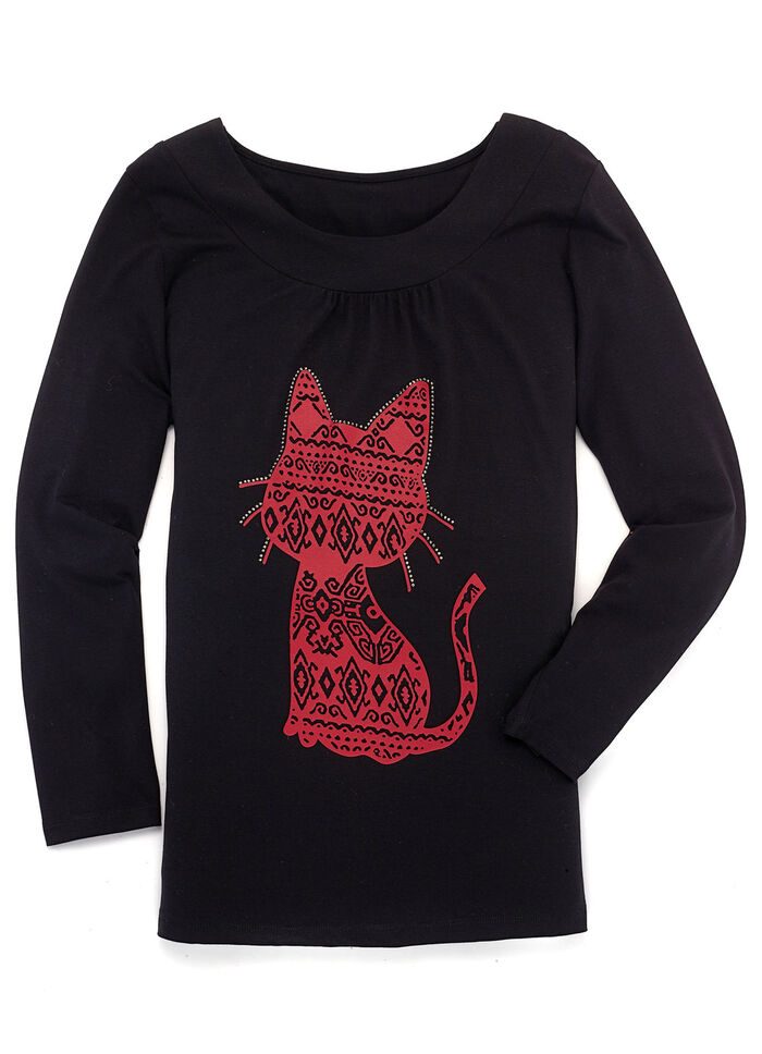 Shirt mit Katzen-Motiv in 2 Farben SCHWARZ