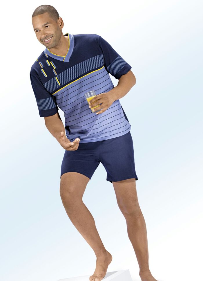 Shorty mit V-Ausschnitt und Ringeldruck vorne und an den &Auml;rmeln 