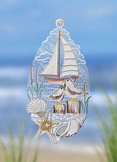 Fensterbild Küstenliebe aus echter Plauener Spitze 