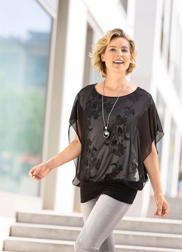 Poncho-Tunika mit Chiffon-Besatz 