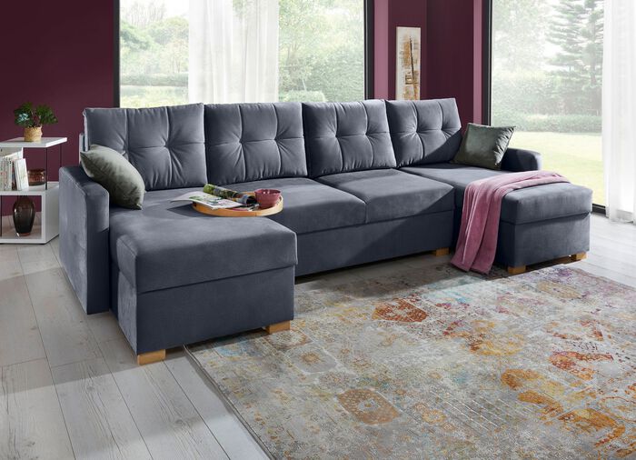 Gem&uuml;tliche Wohnlandschaft mit Bettfunktion und 3 Bettk&auml;sten ANTHRAZIT