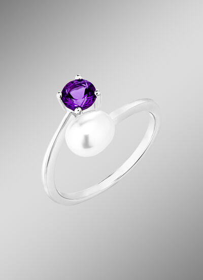 Damenring mit Süsswasser-Zuchtperle und Amethyst 