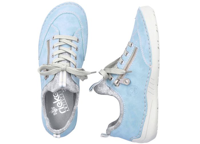 Rieker Schn&uuml;rschuh aus floral bedrucktem Textilmaterial mit Metallicschimmer HELLBLAU-GRAU