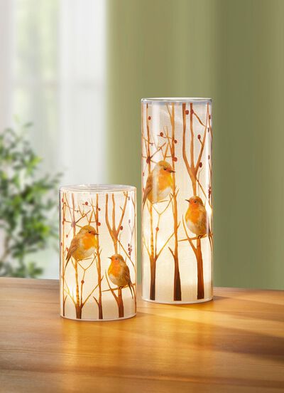 LED-Windlicht mit Rotkehlchen-Motiv, 2er-Set 
