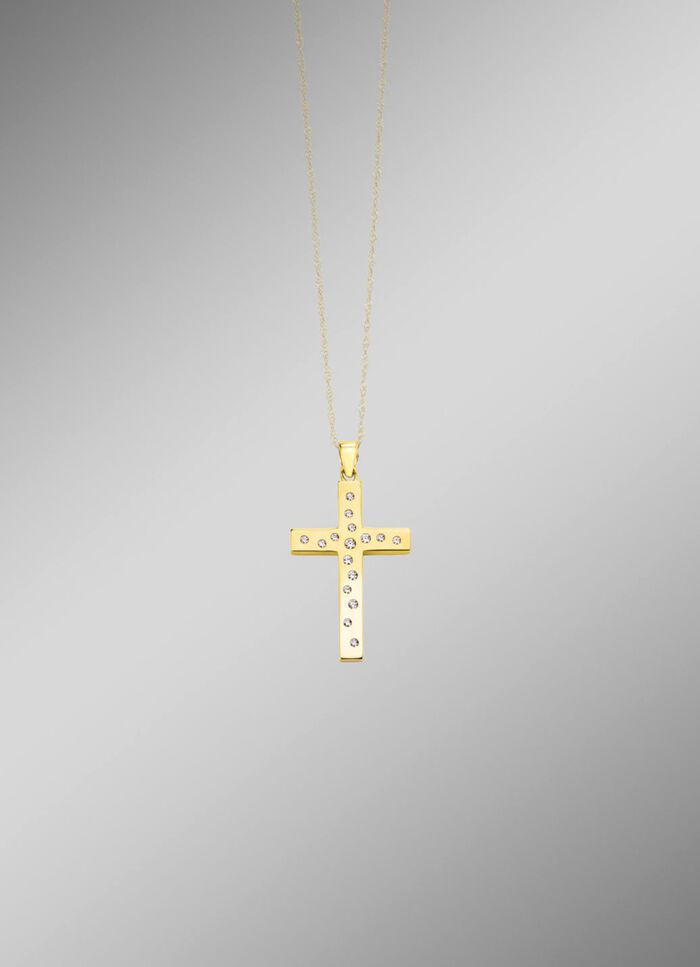 Beidseitig tragbarer Kreuz-Anh&auml;nger mit synth. Zirkonia 