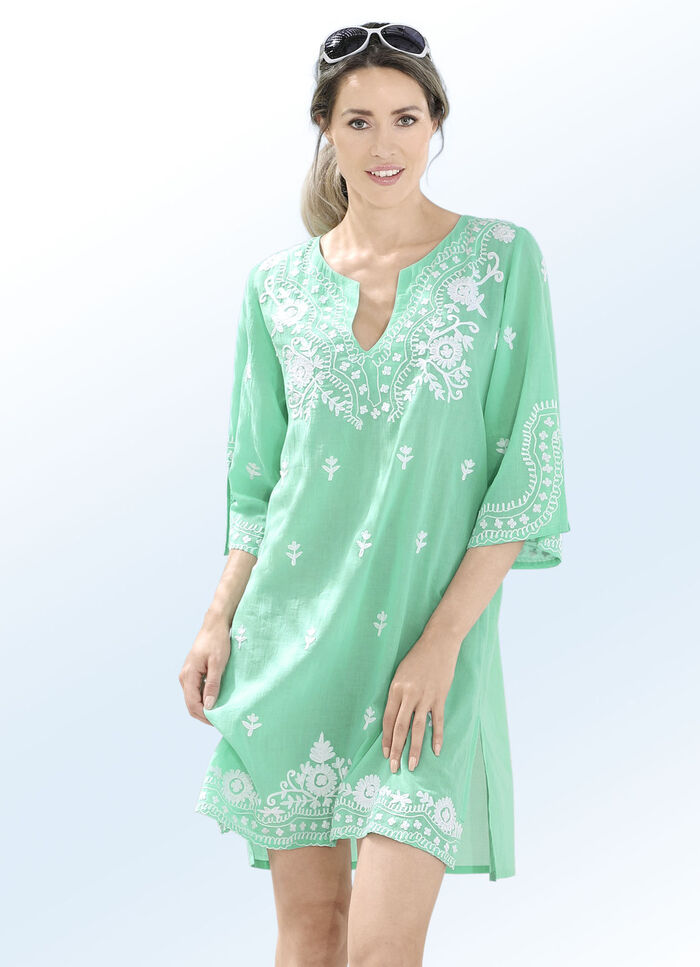 Tunika mit weisser Stickerei sowie Seitenschlitzen, reine Baumwolle MINT-WEISS