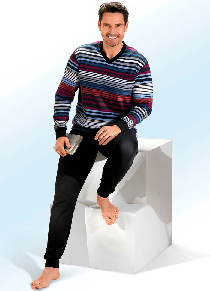 Pyjama mit V-Ausschnitt, Brusttasche und Ringeldessin 