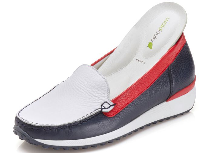 Waldl&auml;ufer, klassische Damen-Slipper, Weite H, mit herausnehmbarem Fussbett BLAU-WEISS-ROT