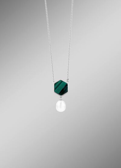 Halskette mit S&uuml;sswasser-Zuchtperle und echt Malachit 