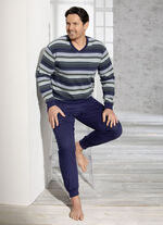 Pyjama mit B&uuml;ndchenabschl&uuml;ssen, V-Ausschnitt und garngef&auml;rbtem Ringeldessin 