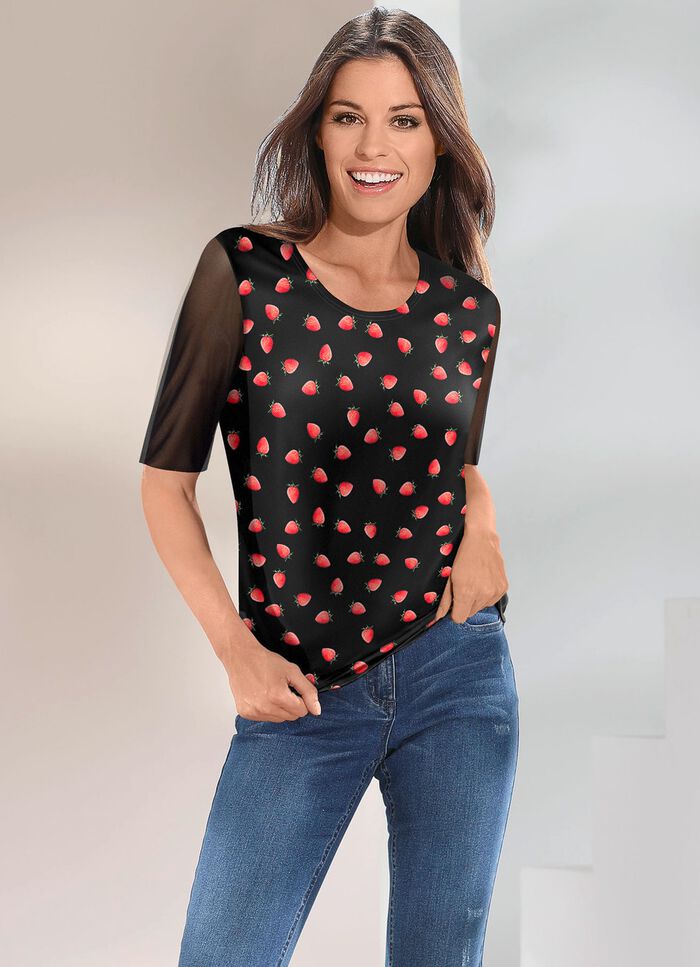 Shirt mit kurzen &Auml;rmeln aus schwarzem Netz-Jersey 