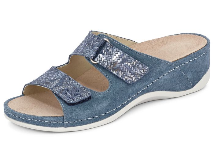 Mubb, bequeme Damen-Pantoletten, Weite H, mit herausnehmbarem Fussbett JEANSBLAU