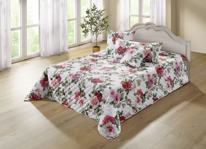 Tagesdecke und Kissenbezüge mit Rosen- Motiven BUNT