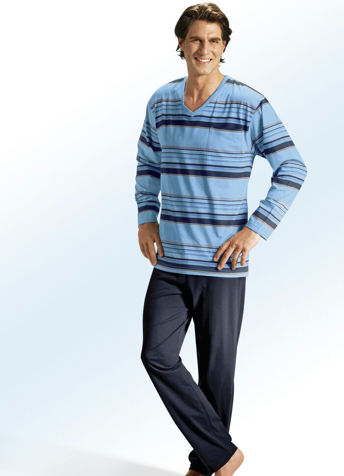 Zweierpack Pyjamas mit V-Ausschnitt, Ringeldessin und Brusttasche 1X KIESEL,  1X AQUA