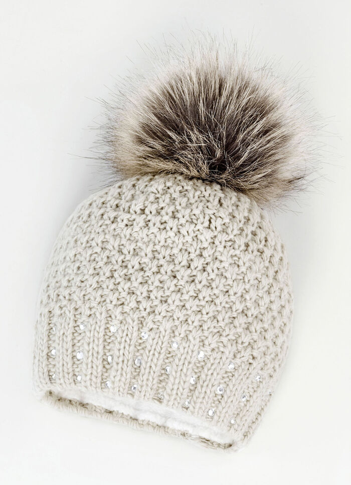 Mütze mit dezenten Glitzersteinchen und Kunstfell-Bommel NATUR