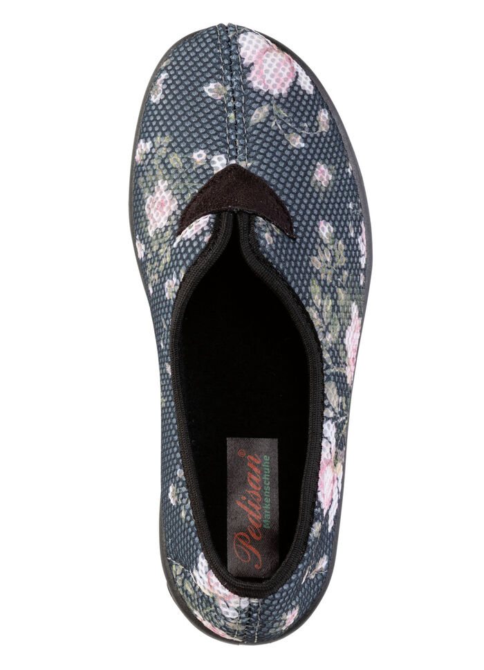 Bequeme Damen-Hausschuhe, Weite H, aus floral bedrucktem Meshmaterial GRAU-BUNT