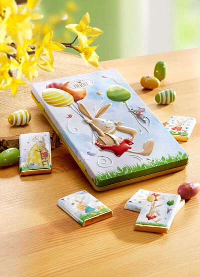 Schmuckdose Ostergr&uuml;sse mit feinster Edel-Vollmilchschokolade 