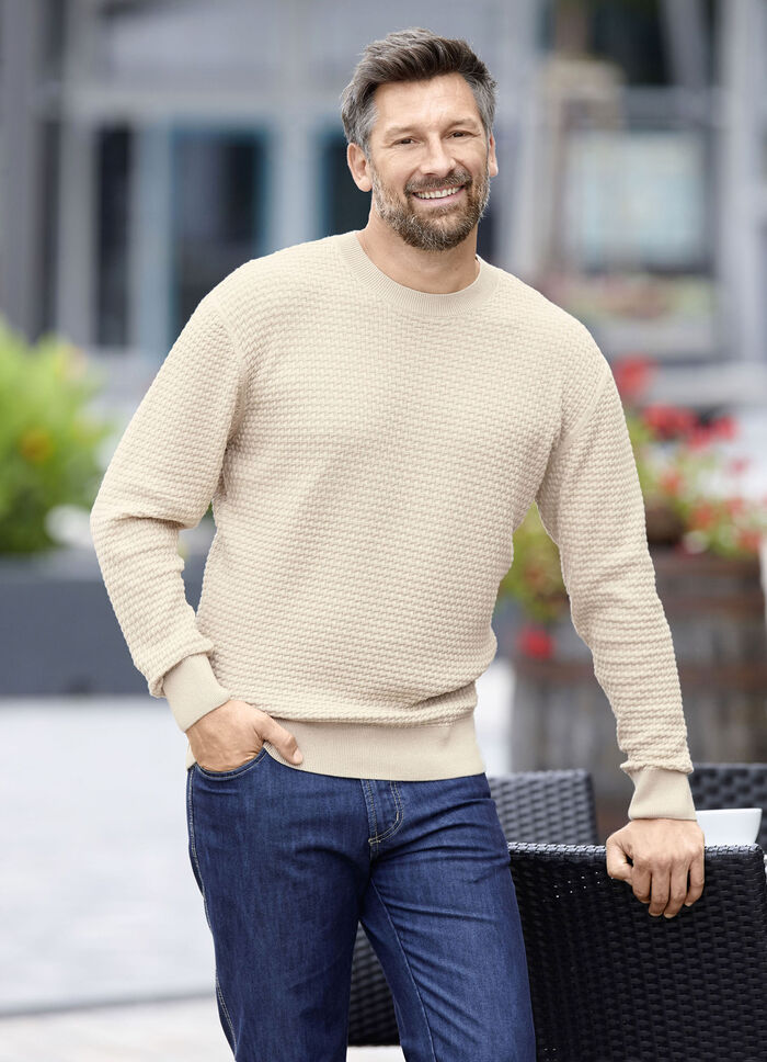 Rundhalspullover mit Strukturdessin in 3 Farben BEIGE