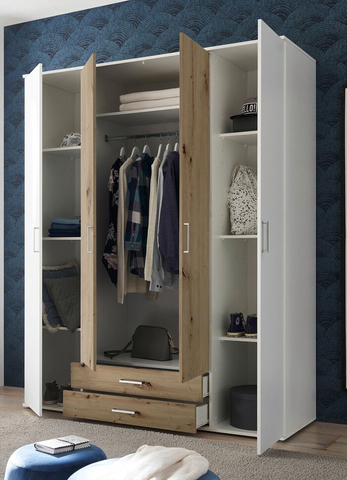 Moderner Kleiderschrank auf Wunsch mit Aufbau-Service WEISS-EICHE