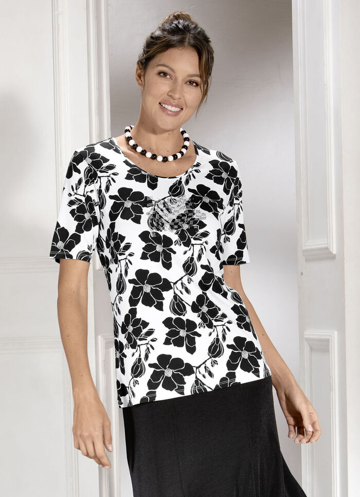 Shirt mit Plättchenzier im Vorderteil SCHWARZ-WEISS