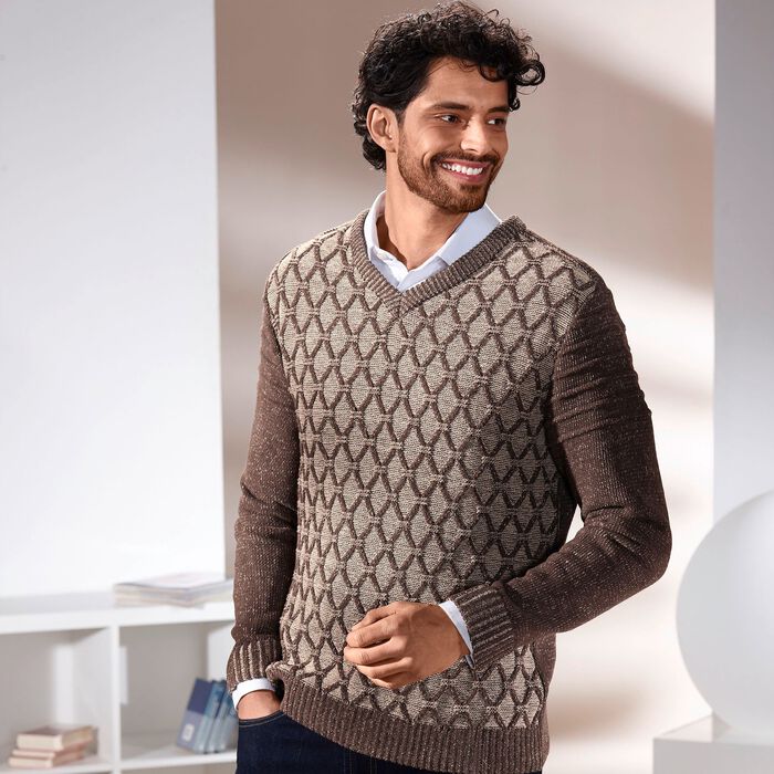  Melierter V-Pullover BEIGE-BRAUN MELIERT