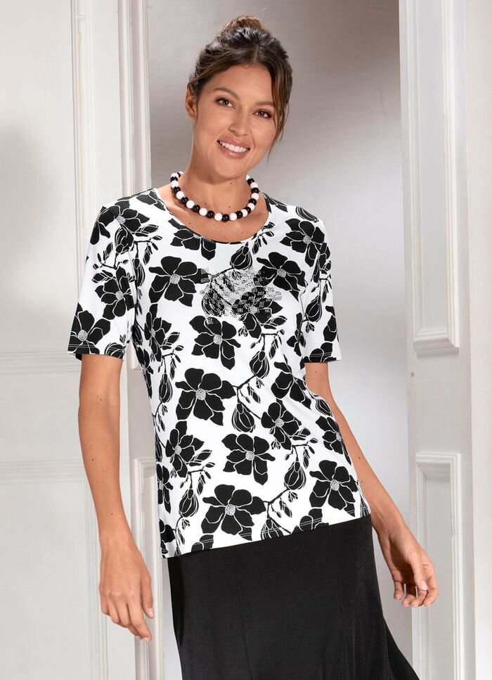 Shirt mit Pl&auml;ttchenzier im Vorderteil SCHWARZ-WEISS