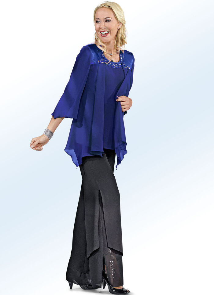 2-teiliges Blusen-Set mit glänzendem Satin-Besatz ROYALBLAU