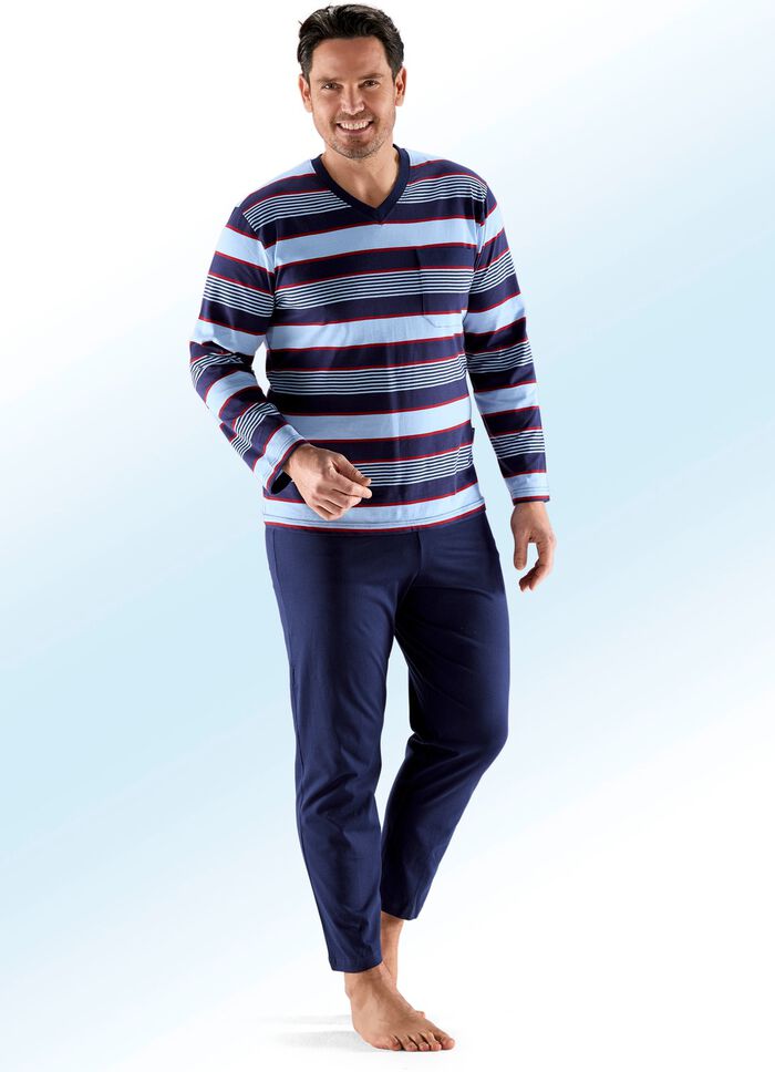 Zweierpack Schlafanz&uuml;ge mit V-Ausschnitt, Brusttasche, garngef&auml;rbtem Ringeldessin 