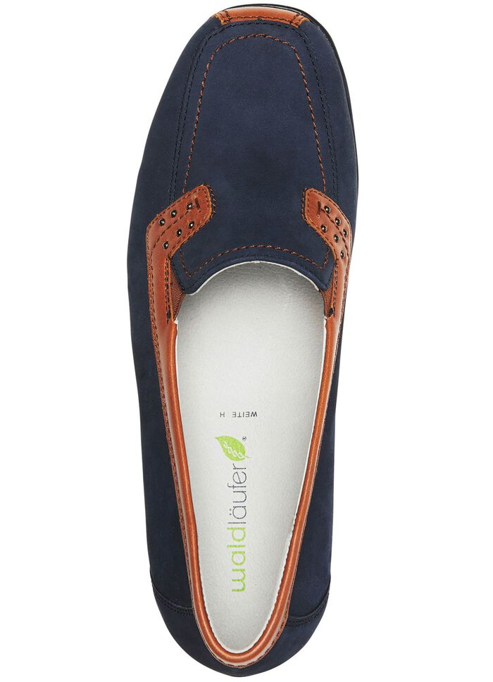 Waldl&auml;ufer, bequeme Damen-Slipper, Weite H, mit herausnehmbarem Fussbett MARINE-COGNAC