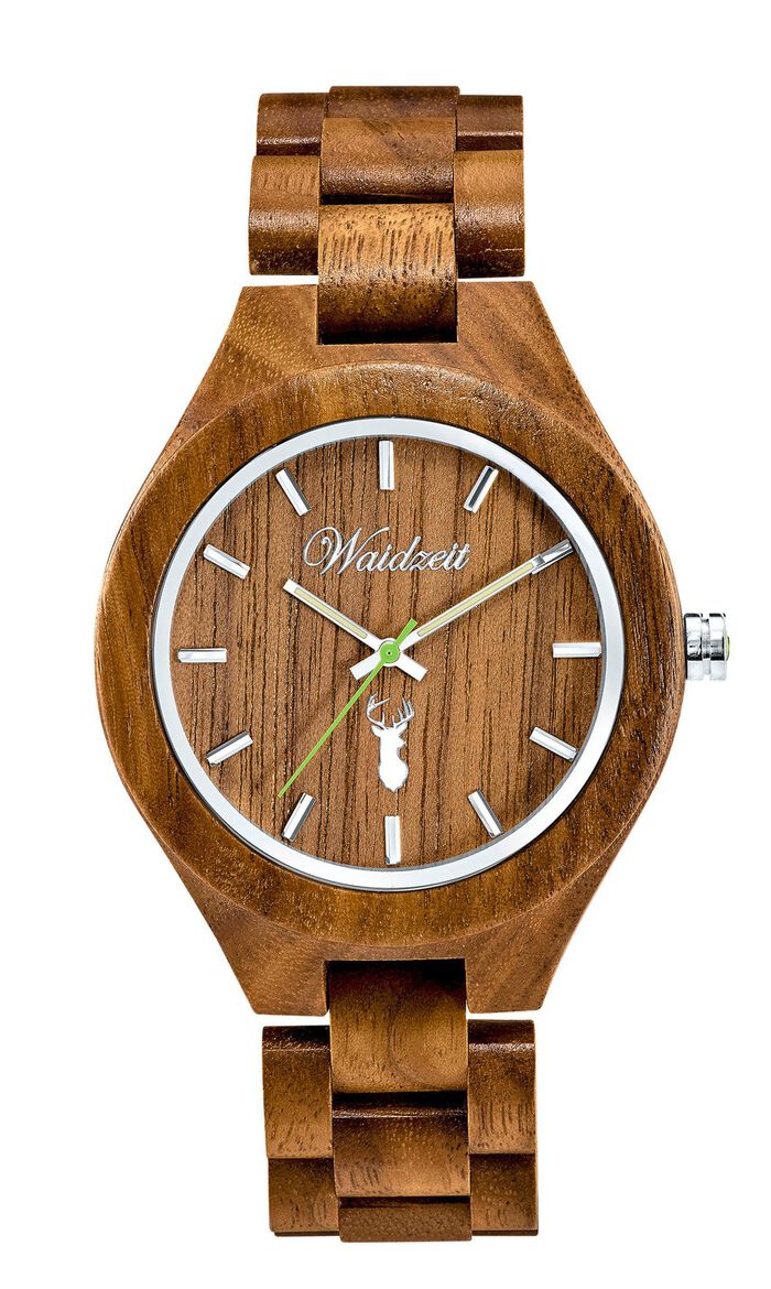 Partneruhr der Marke &laquo;Waidzeit&raquo;, komplett gefertigt aus naturbelassenem Walnussholz 